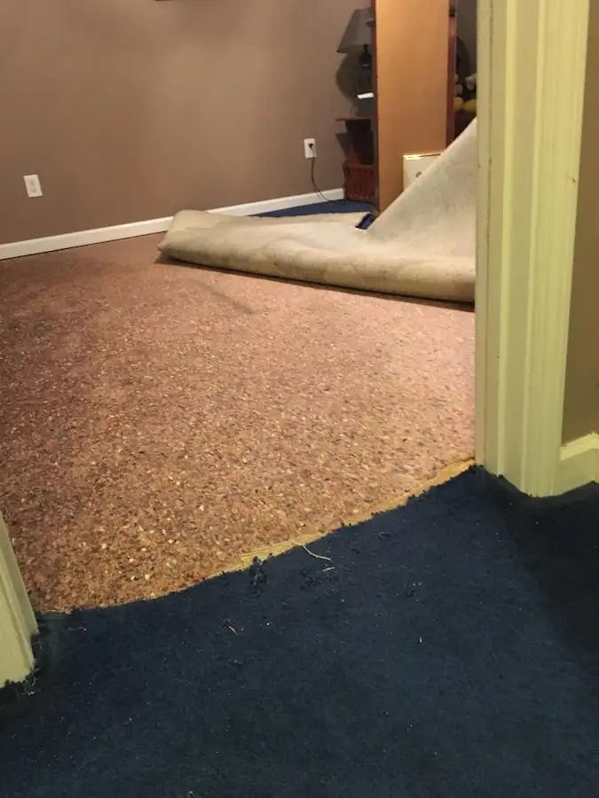 Carpet pad removal revealing water damage during Water Mitigation Services in Straban
